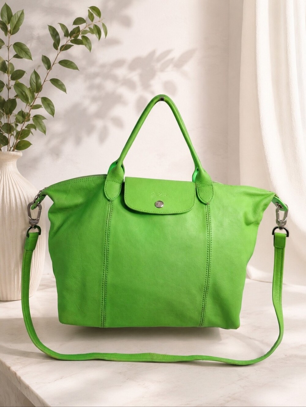 Longchamp Le Pliage Cuir Large Leather Crossbody Tote Lime Green France